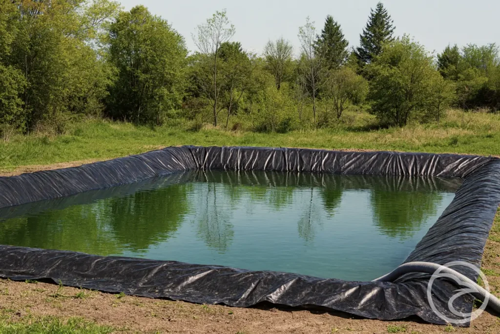 HDPE pond liner material prepared for installation