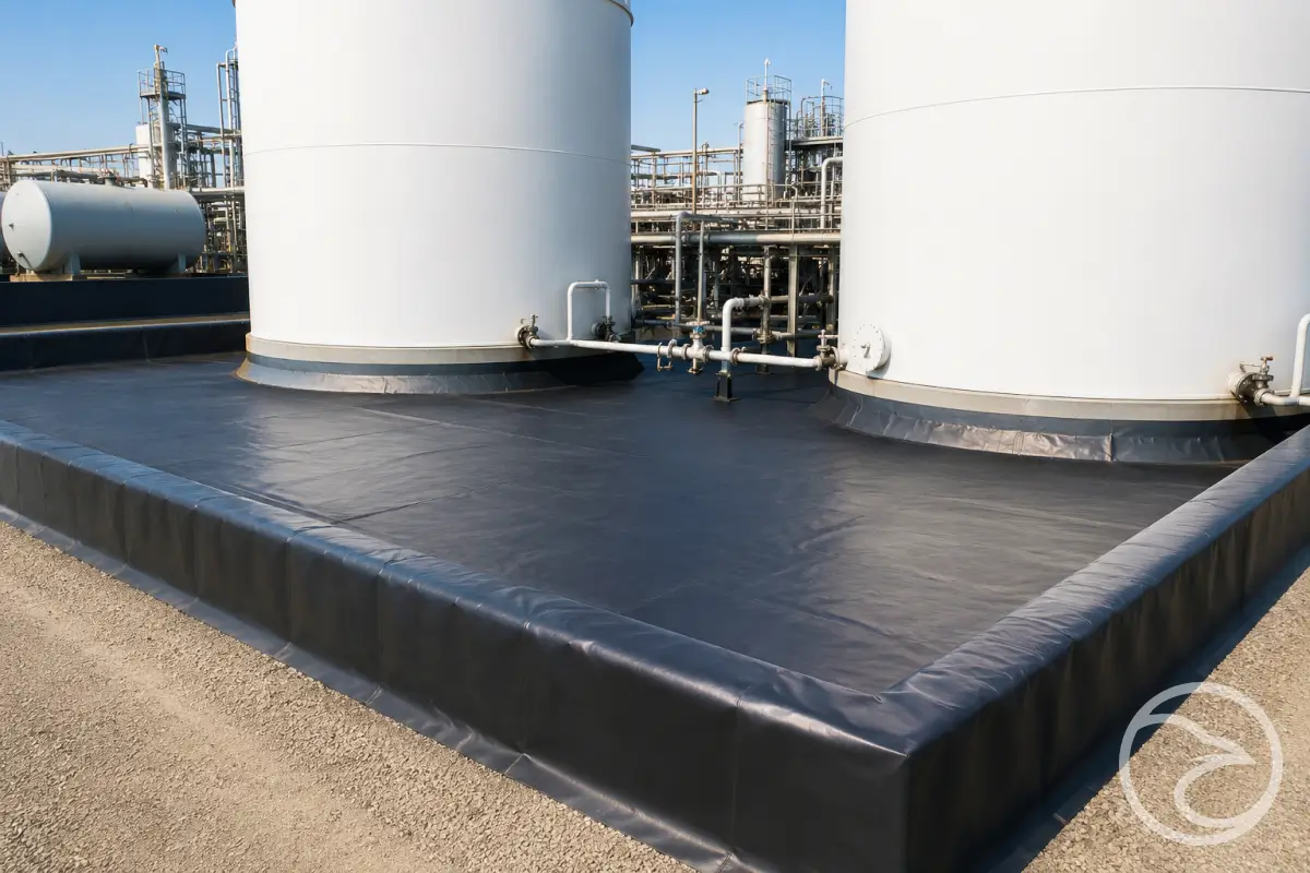 Black geomembrane liner surrounding industrial water pond