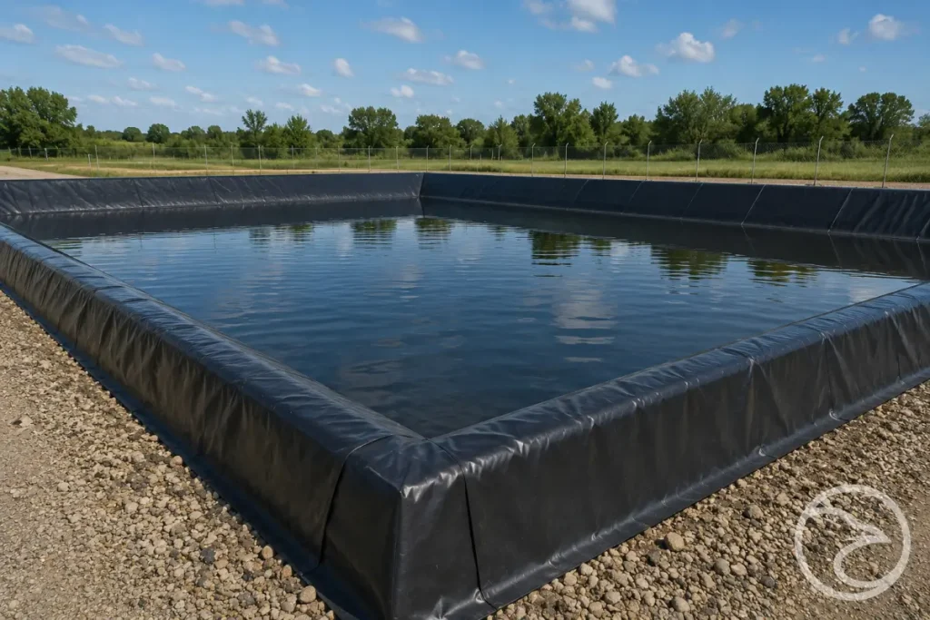 Secondary containment liner pond in rural landscape