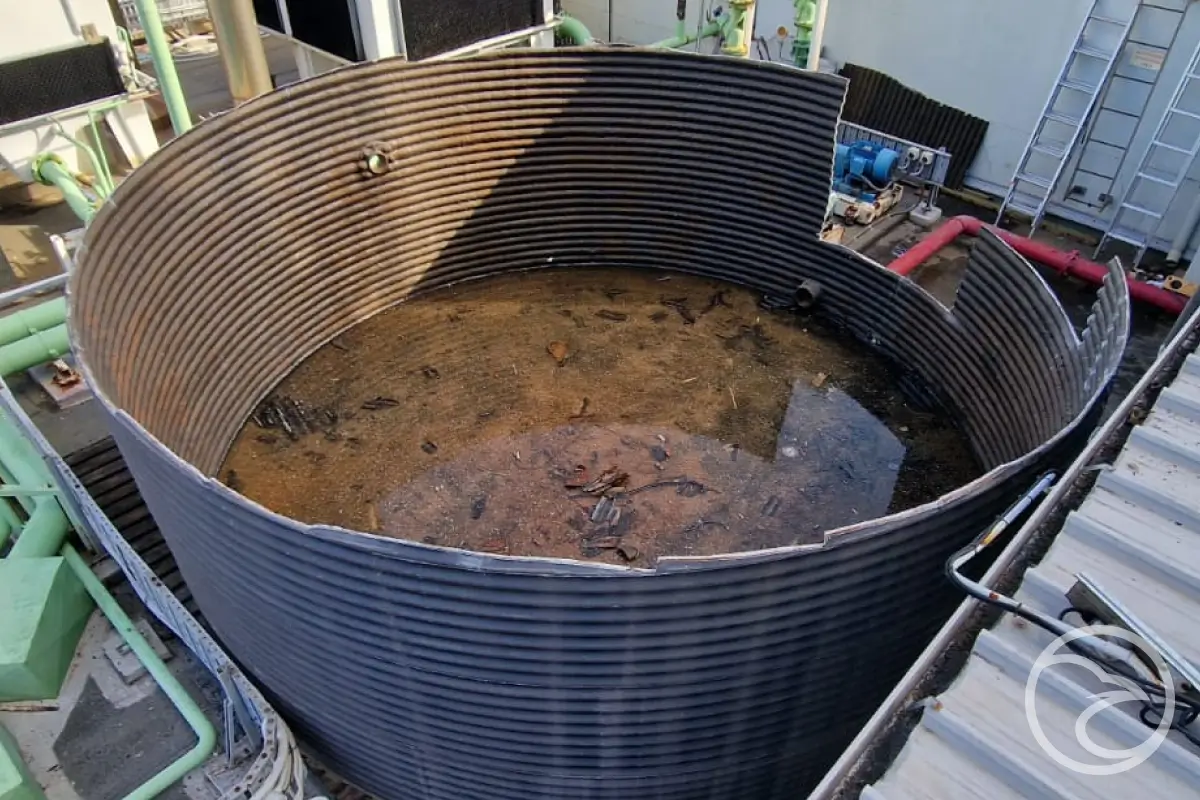 Internal view of commercial tank illustrating structural wear over time