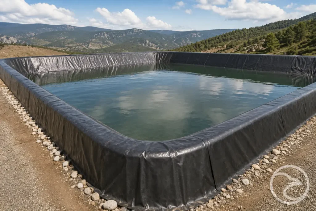 Industrial containment pond with protective liner